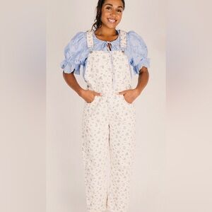 J.O.A. Cream and Blue Floral Overalls